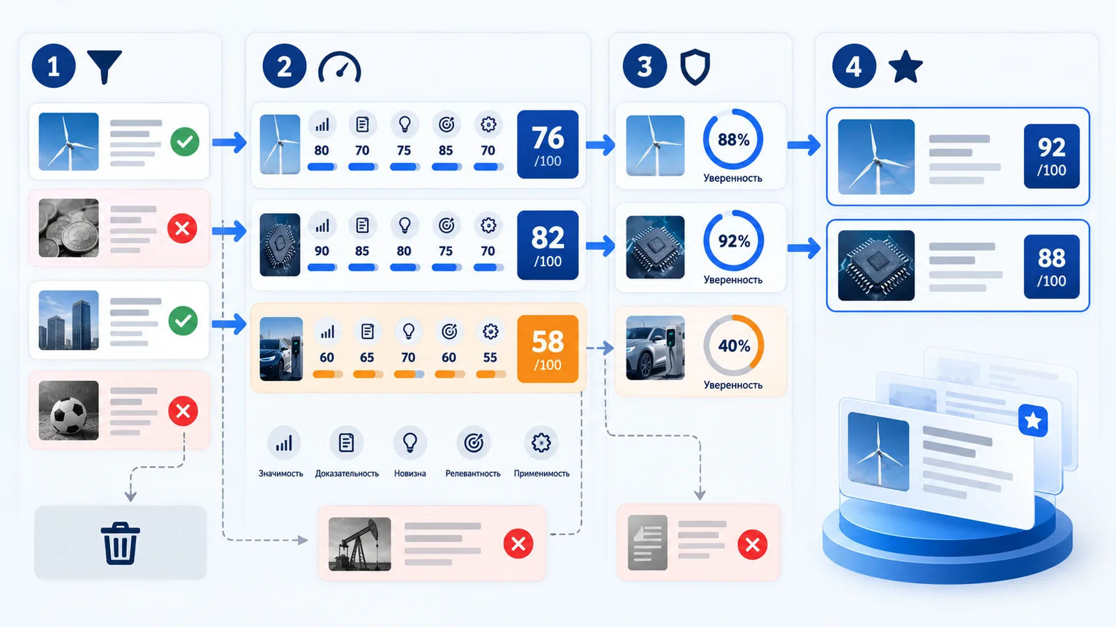 Система отбора новостей в ChatGPT: hard filter, score и уверенность